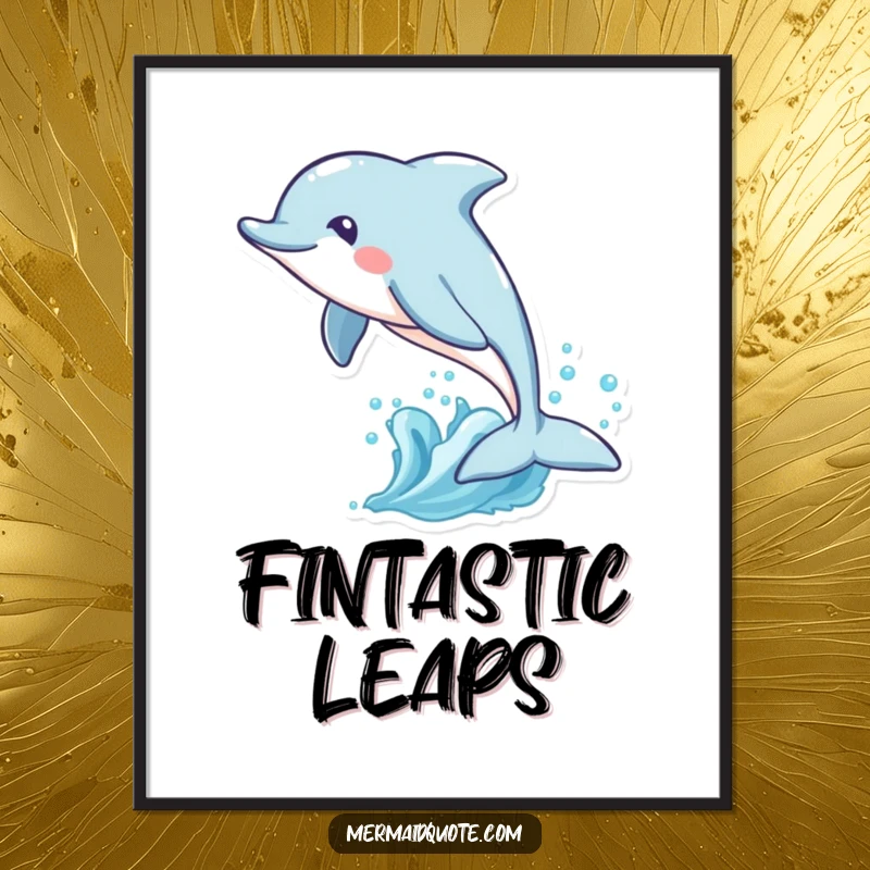 Funny poster print of a playful dolphin with a unique tail fin leaping through ocean waves, conveying motion and aquatic excitement.