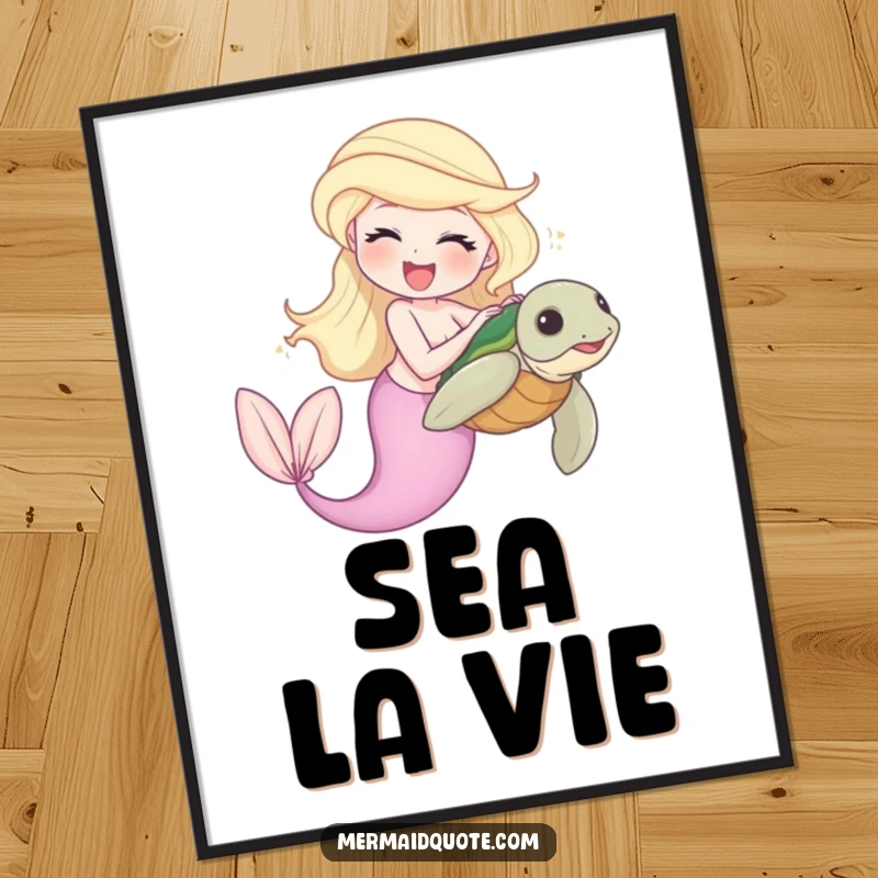 Funny poster of a laughing mermaid playfully tickling a shy sea turtle in a beautifully rendered ocean setting.