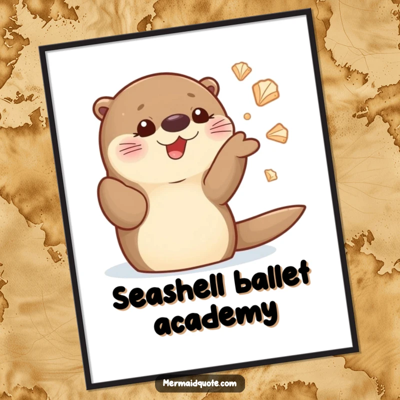 Funny sea otter poster showing a cute otter juggling shiny seashells with a happy, delighted expression, adding whimsical decor.