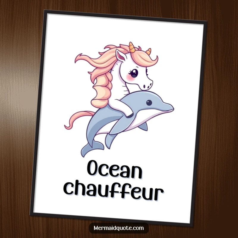 Funny poster print of a cute seahorse with a flowing mane joyfully riding a dolphin, capturing the essence of seaside fun and friendship.