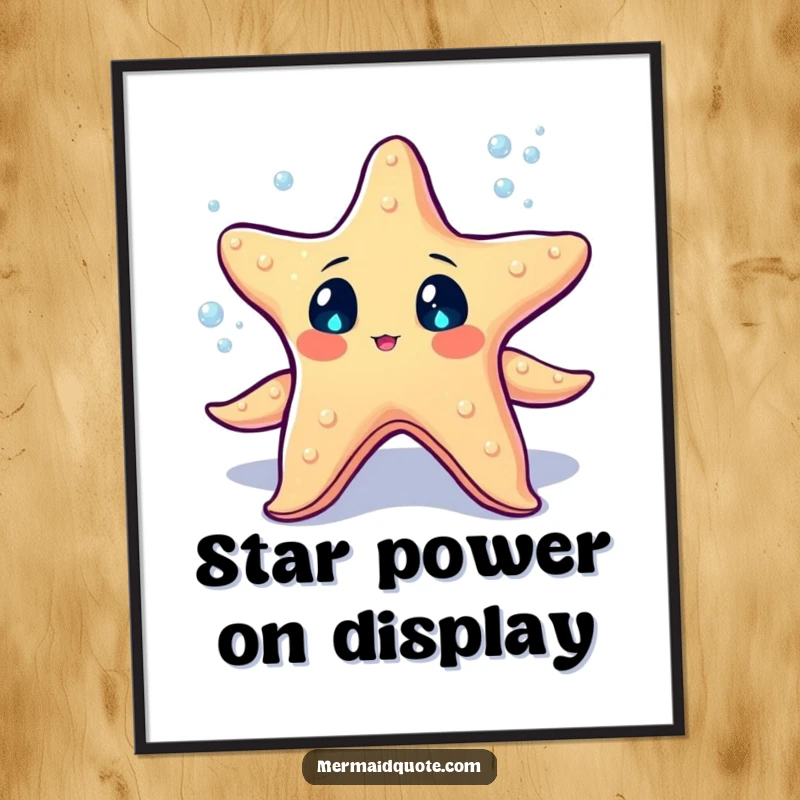 Funny starfish with sparkling eyes juggling tiny glowing sea pearls, enchanting wall art for ocean lovers.