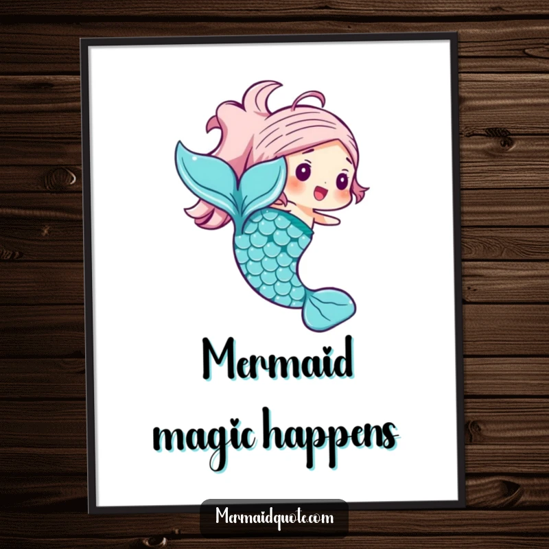 Funny mermaid tail poster featuring a joyful character with shimmering scales in a swishing motion, adding magical decor.