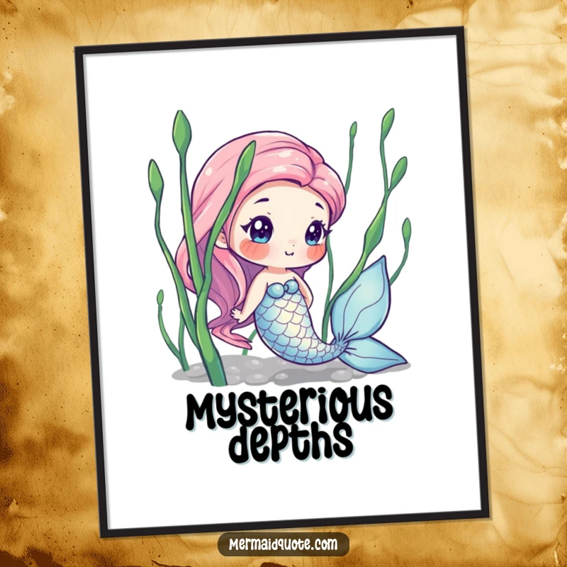 Funny poster print of a curious mermaid with shimmering scales peeking from behind seaweed, evoking an enchanting underwater scene.