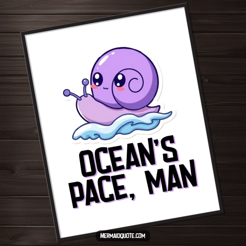 Funny purple sea snail creature with large, bubbly eyes, humorously surfing a small wave, presented as vibrant wall art.
