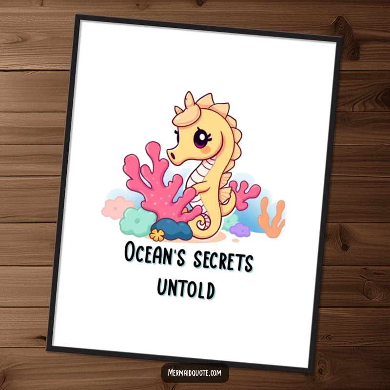 Funny seahorse poster displaying a curious seahorse peeking from behind vibrant coral, creating a humorous and captivating underwater art piece.
