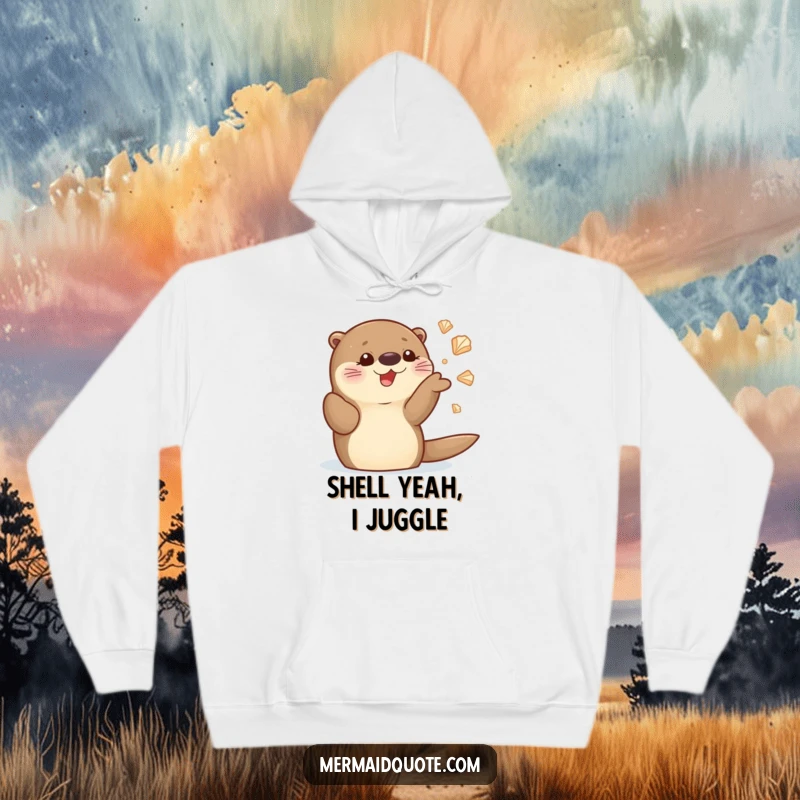 Funny sea otter hoodie depicting a cute otter character juggling shiny seashells with a look of pure delight, perfect for staying warm.