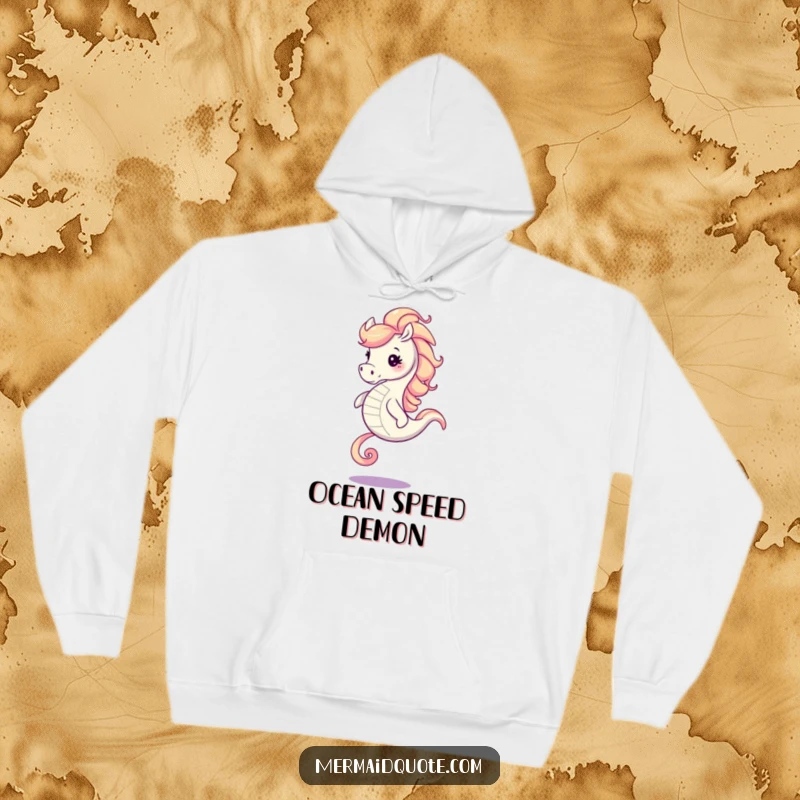 Funny, energetic seahorse with a voluminous swirling mane in a galloping pose, printed on a soft, warm hoodie.