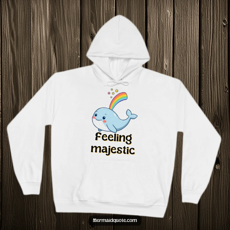 Funny smiling whale spouting a vibrant rainbow, printed on a soft, warm hoodie for ultimate cozy cheer.