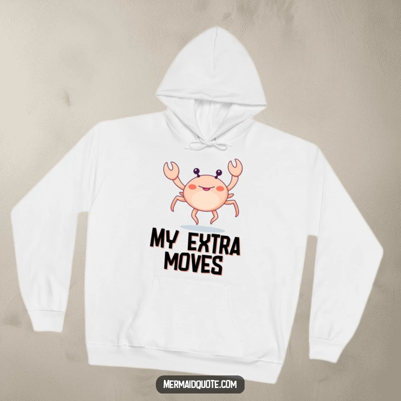 Funny little crab with extra legs doing a funny leg dance on a hoodie, comfortable and quirky apparel.