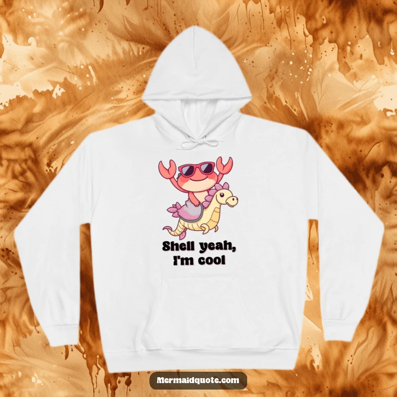 Funny Crab Sunglasses Hoodie: Cozy hoodie with a happy crab in sunglasses riding a seahorse, a hilarious sea escapade.