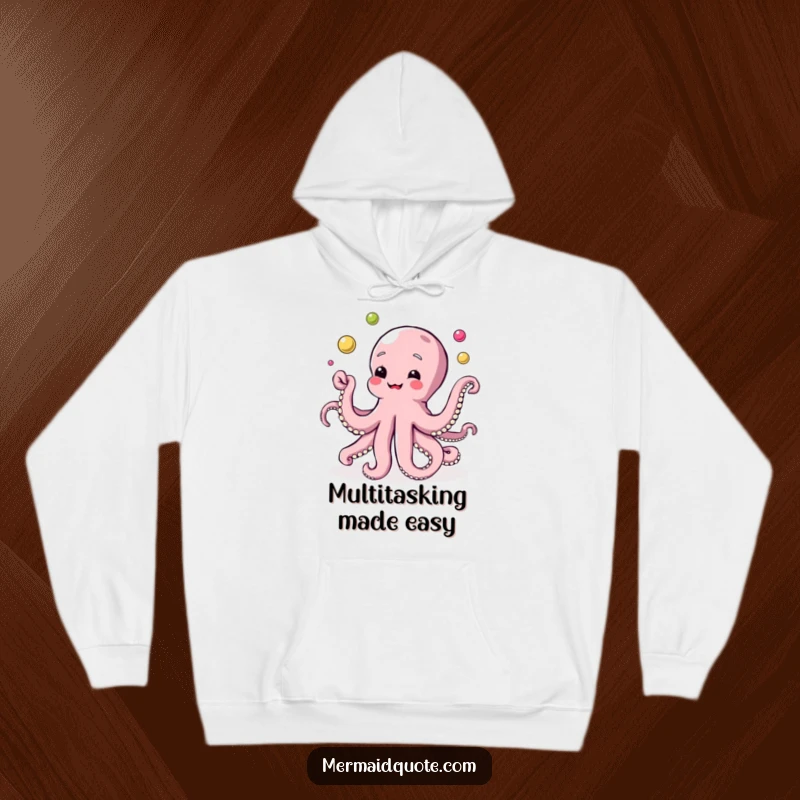 Funny hoodie print of an agile octopus concentrating intensely while juggling a vibrant assortment of shiny pearls with its numerous arms.