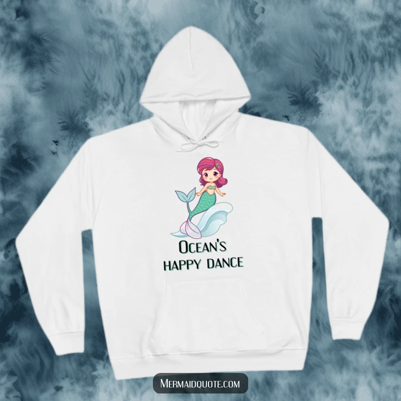 Funny hoodie featuring a mermaid blissfully riding a wave, her tail swishing, perfect for cozy beach vibes.