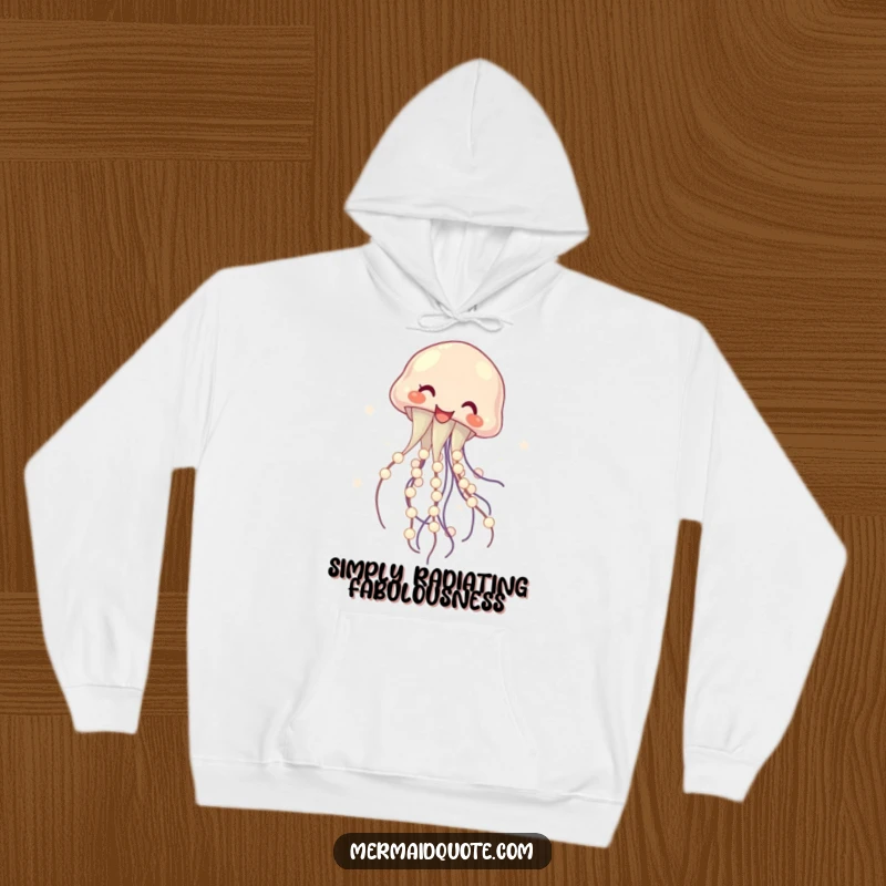 Funny hoodie showcasing a gleeful jellyfish expertly twirling a strand of shining pearls, embodying pure delight and lightheartedness, ideal funny gift.