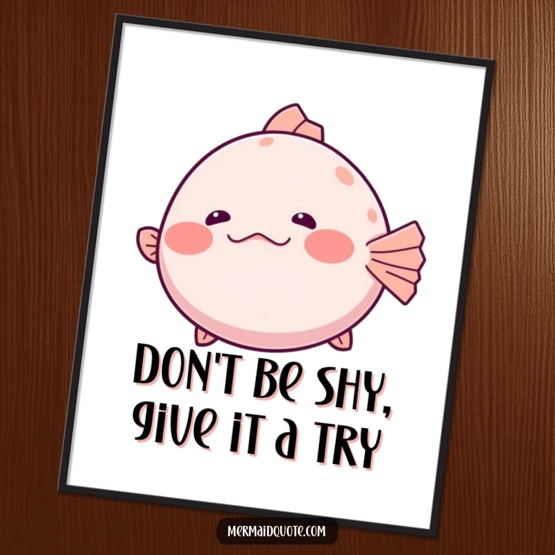Funny Free Printable Wall Art: A shy pufferfish inflates slightly, giggling hesitantly, a charming DIY underwater decor piece.