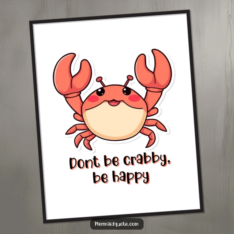Funny Free Printable Wall Art: A little crab with comically oversized claws waves enthusiastically.