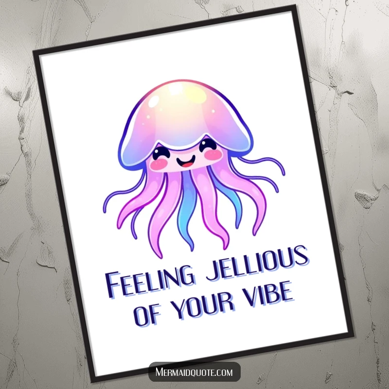 Funny Free Printable Wall Art: A kawaii jellyfish pulsing with vibrant colors and a happy smile, creating a whimsical underwater vibe.