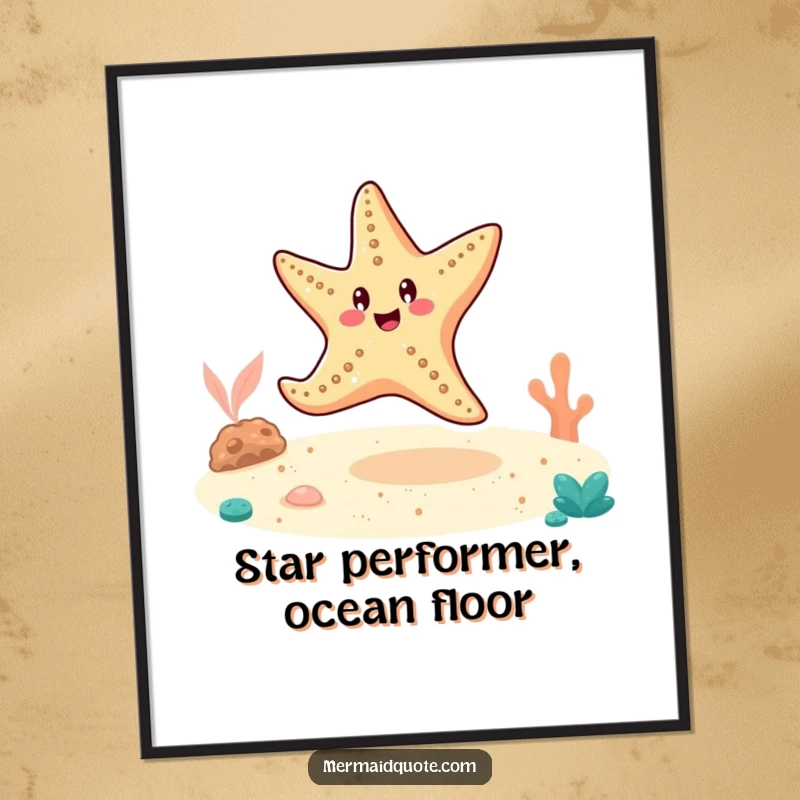 Funny Free Printable Wall Art: A cheerful starfish doing a cartwheel on the sandy ocean floor.