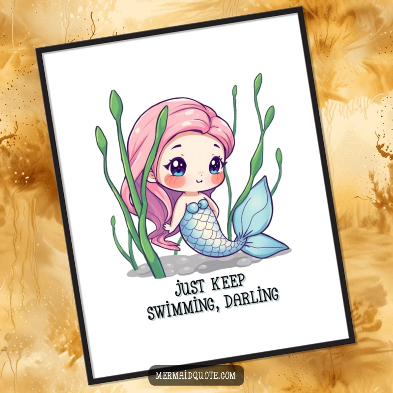 Funny Free Printable Wall Art: A curious mermaid with iridescent scales peeks from behind lush green seaweed.