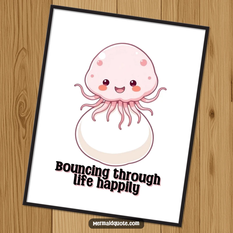 Funny Free Printable wall art depicting a fluffy jellyfish joyfully bouncing atop a large, shimmering pearl.