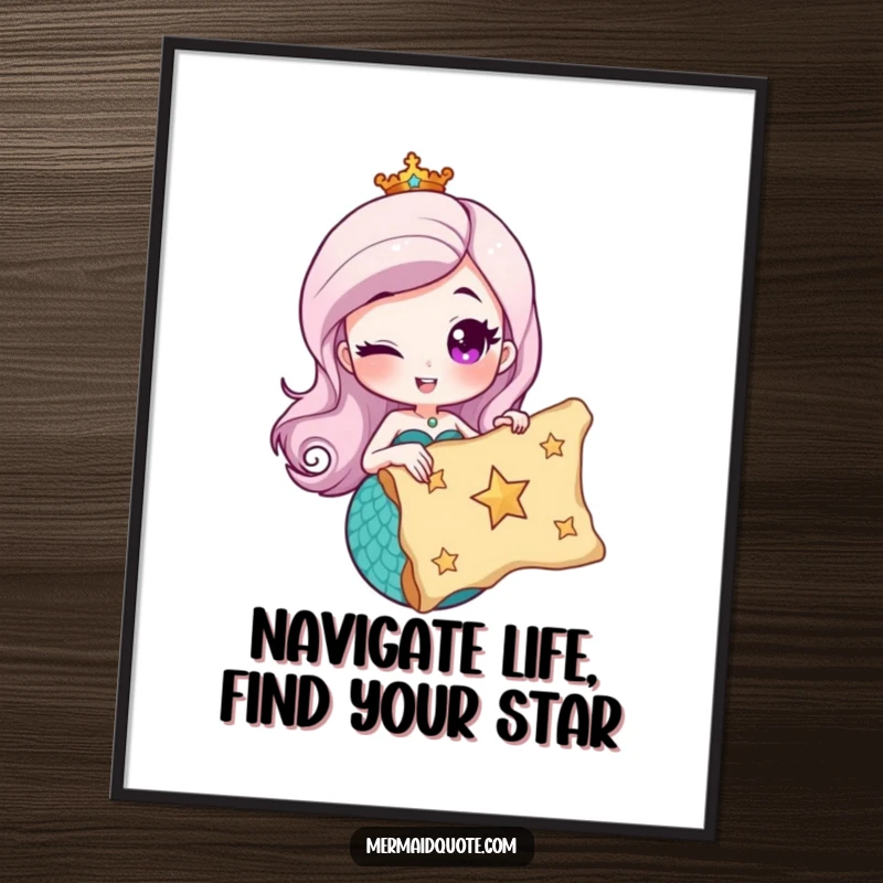 Funny free printable wall art of a winking mermaid holding a treasure map with a star, hinting at adventure and hidden fun.