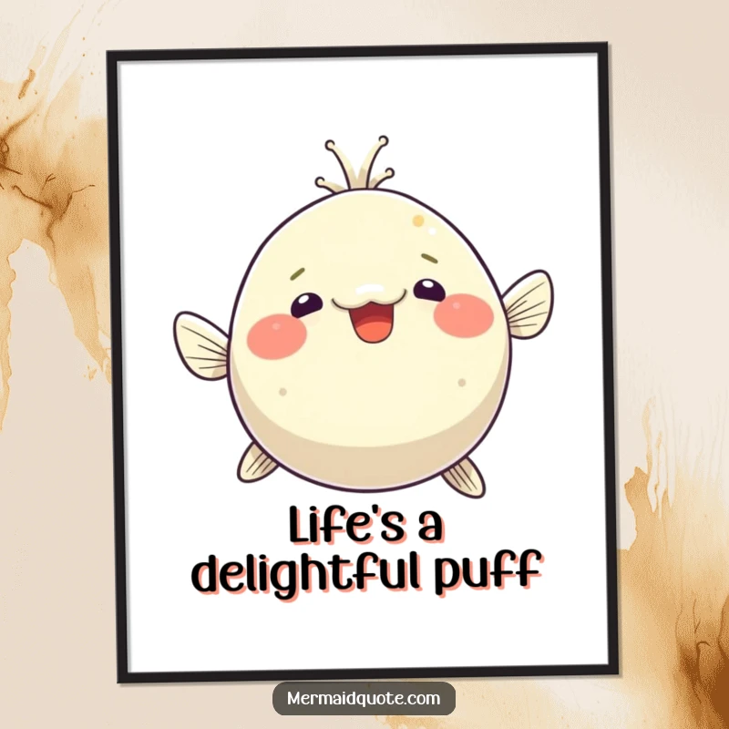 Funny free printable wall art of a playful pufferfish comically inflating with sheer, delighted surprise, ready to pop.