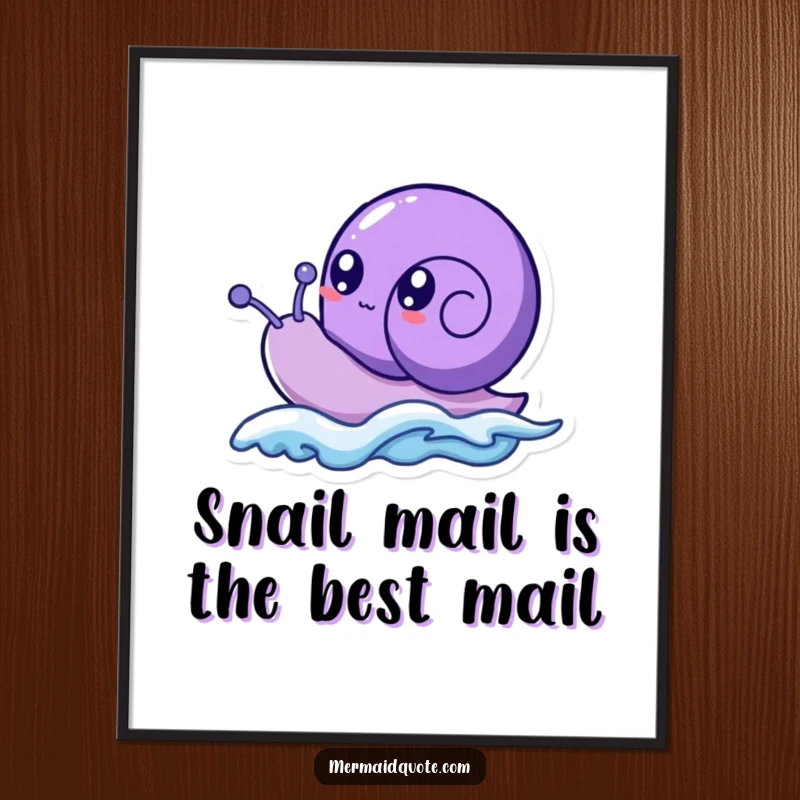 Funny Free Printable Wall Art: A purple sea snail with bubbly eyes rides a small wave with glee.