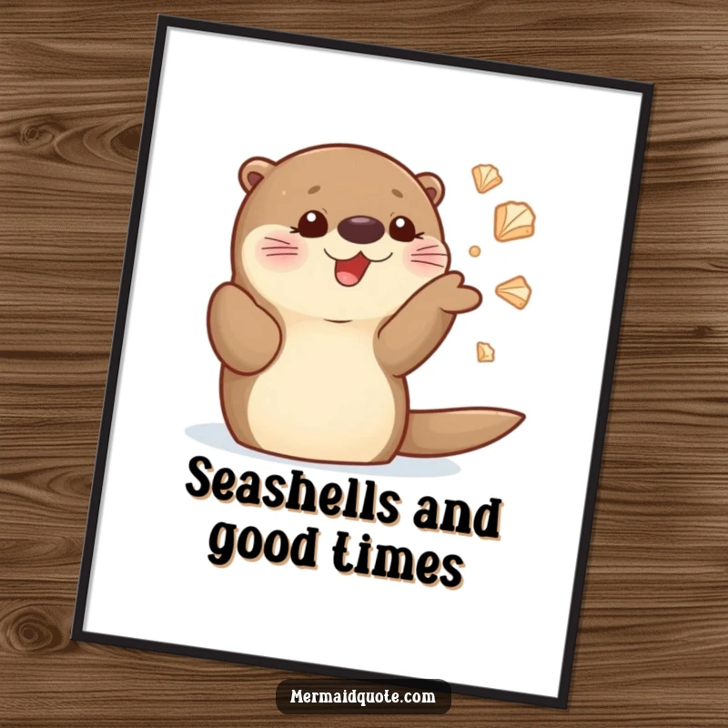 Free Printable Wall Art: A cute sea otter with a huge smile juggling shiny seashells with skill and joy.