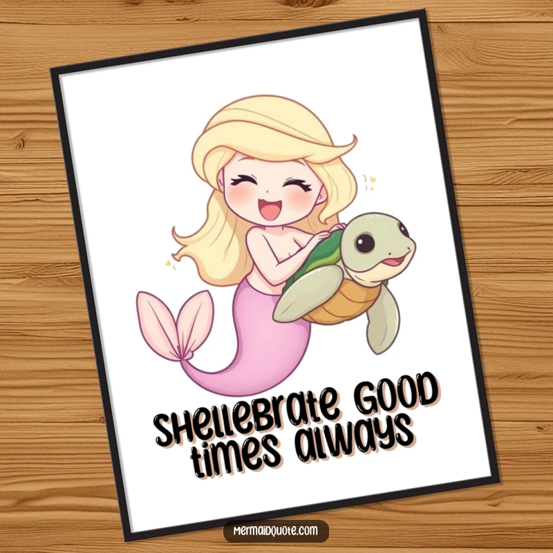 Funny Free Printable Wall Art: A joyful mermaid laughs as she playfully tickles a shy sea turtle.