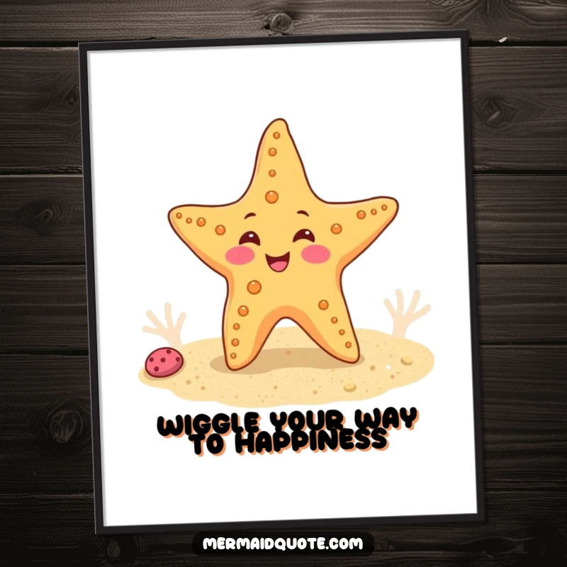 Funny Free Printable Wall Art of a cheerful starfish performing a cute wiggle dance on a sandy seabed, perfect for coastal decor.