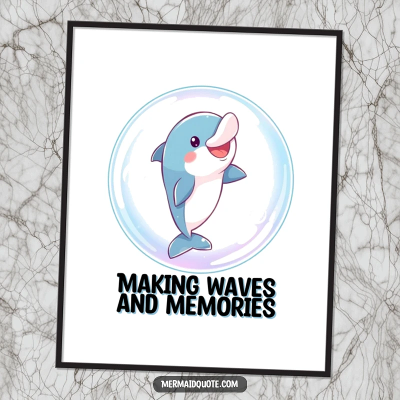 Free Printable Wall Art: A playful dolphin comically leaping high through a giant, sparkling, iridescent bubble.