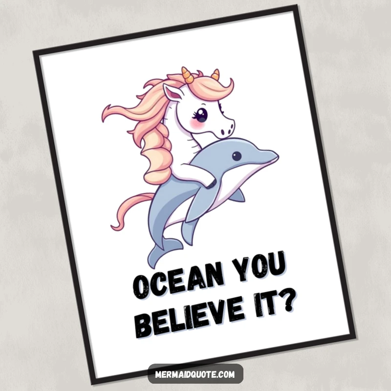 Funny Free Printable Wall Art: Cute seahorse with mane playfully rides a dolphin through blue ocean waves.