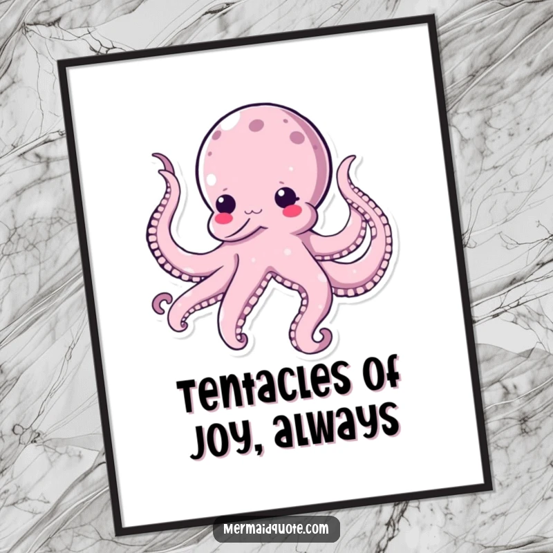 Funny free printable wall art of a kawaii octopus in stitches, tickling itself gleefully with its own tentacles.