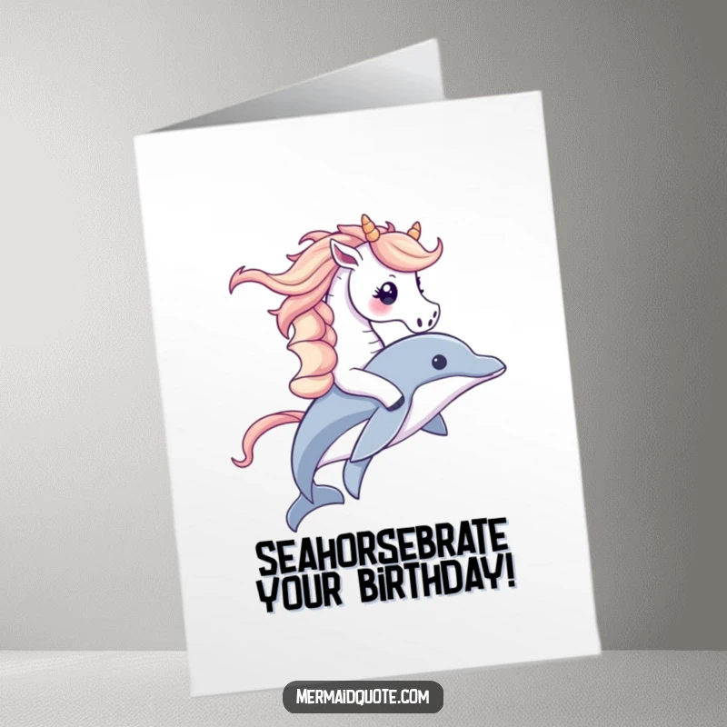 Funny Free Printable Birthday Card: Cute seahorse with flowing mane joyfully rides a dolphin, spreading birthday cheer.