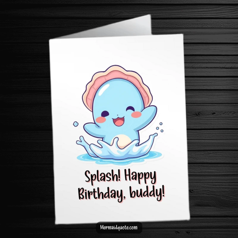Funny Free Printable Birthday Card: Kawaii blue creature in a seashell hat splashing playfully, bringing watery birthday joy.