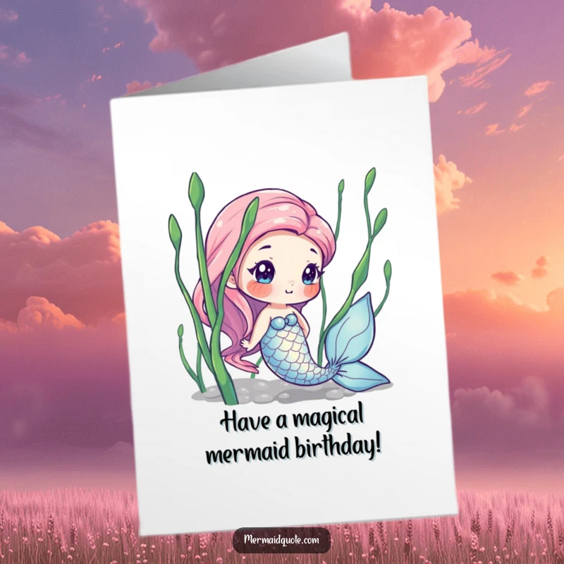 Funny Free Printable Birthday Card: Curious mermaid with shiny scales peeks from behind green seaweed.