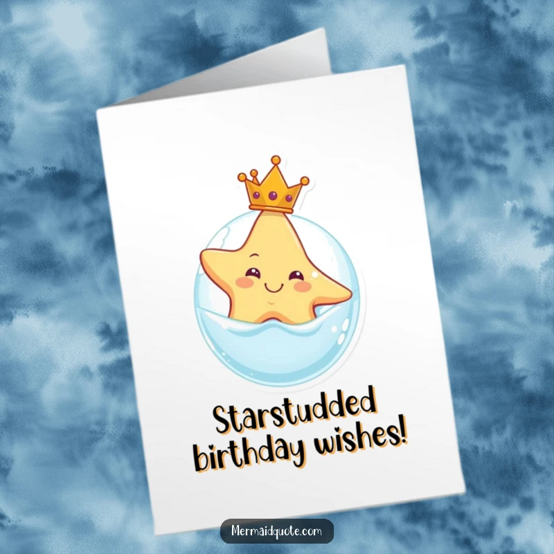 Funny Free Printable Birthday Card: Smiling starfish wearing a tiny crown floats on a bubble, celebrating.
