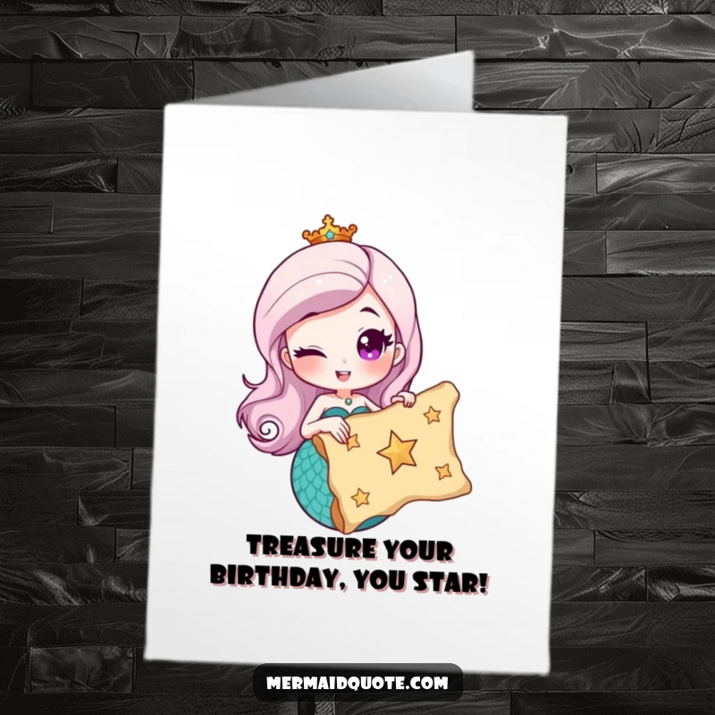 Funny free printable birthday card of a winking mermaid holding a treasure map marked with a star, hinting at a fun adventure.