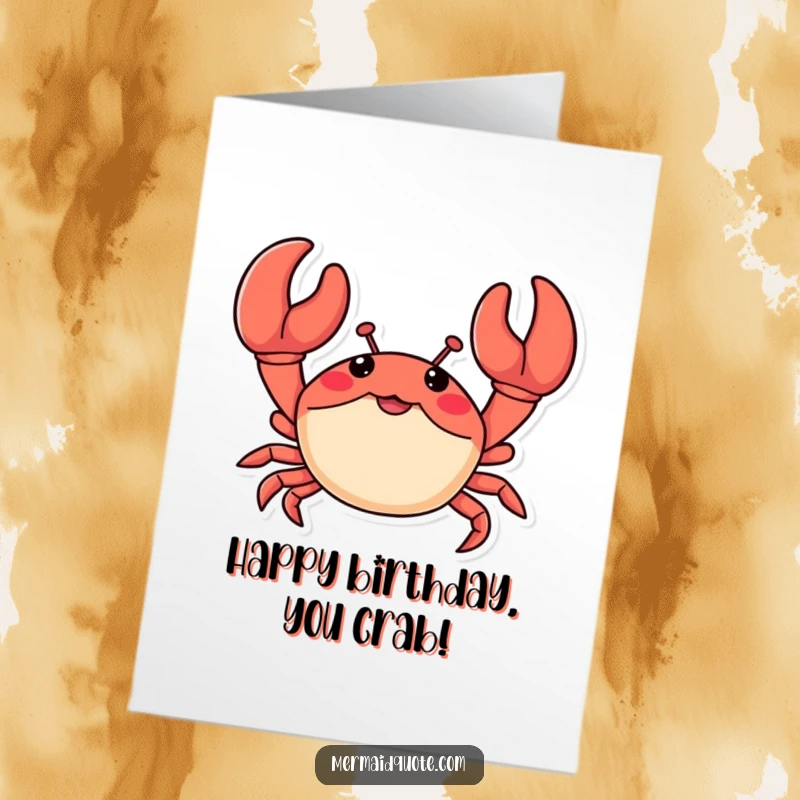 Funny Free Printable Birthday Card: Little crab with huge claws waves enthusiastically for a happy birthday.