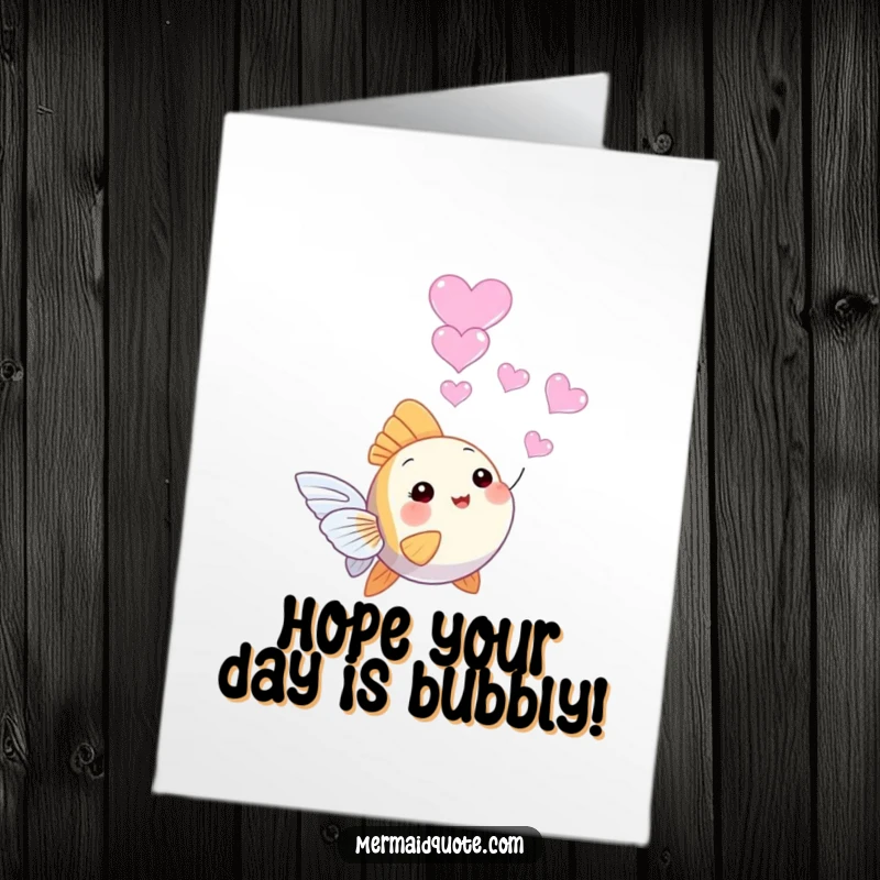 Free printable birthday card: a tiny, joyful angelfish blowing a delicate string of heart-shaped bubbles.
