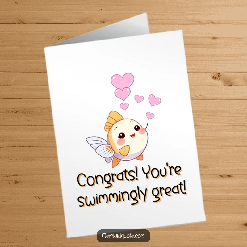 Free printable congratulations card featuring a tiny, happy angelfish blowing a stream of romantic heart-shaped bubbles.
