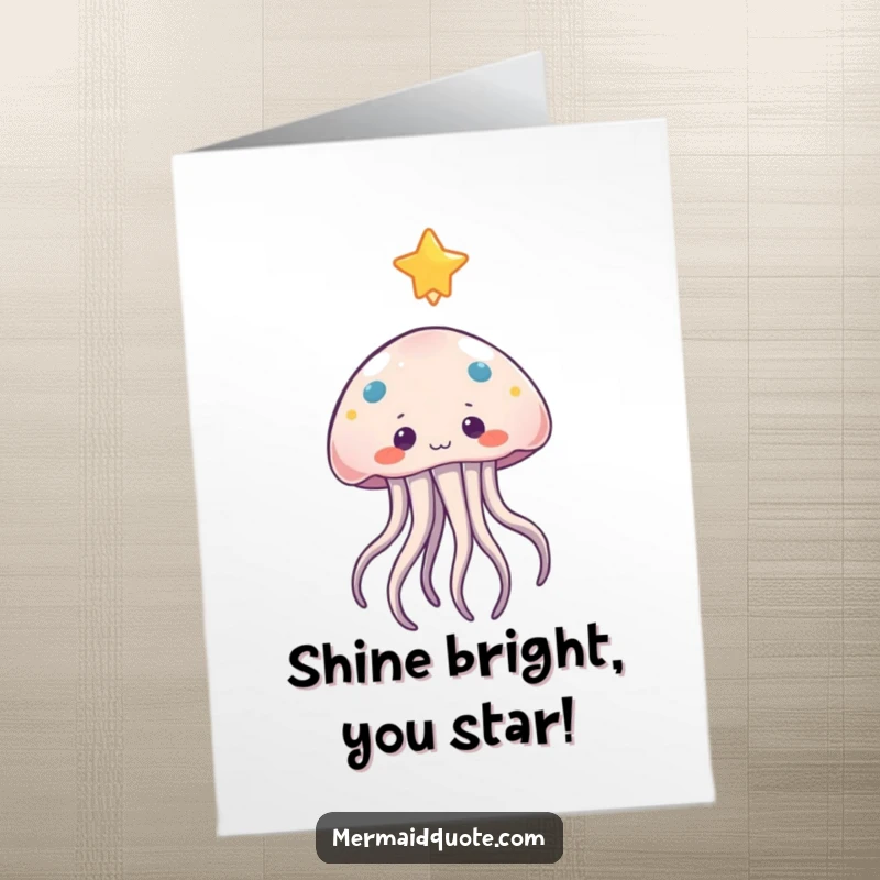 Free Printable Congratulations Card: A curious jellyfish gently extending tentacles towards a bright, floating star.