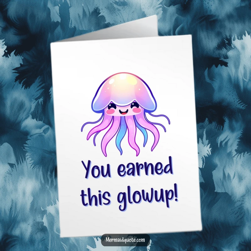 Funny Free Printable Congratulations Card: A cheerful kawaii jellyfish glowing brightly, sending vibrant congratulations for a job well done.