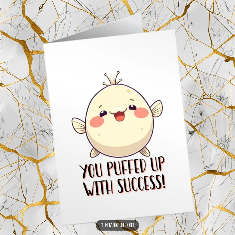 Funny free printable congratulations card: a pufferfish comically puffing up in a moment of happy surprise.