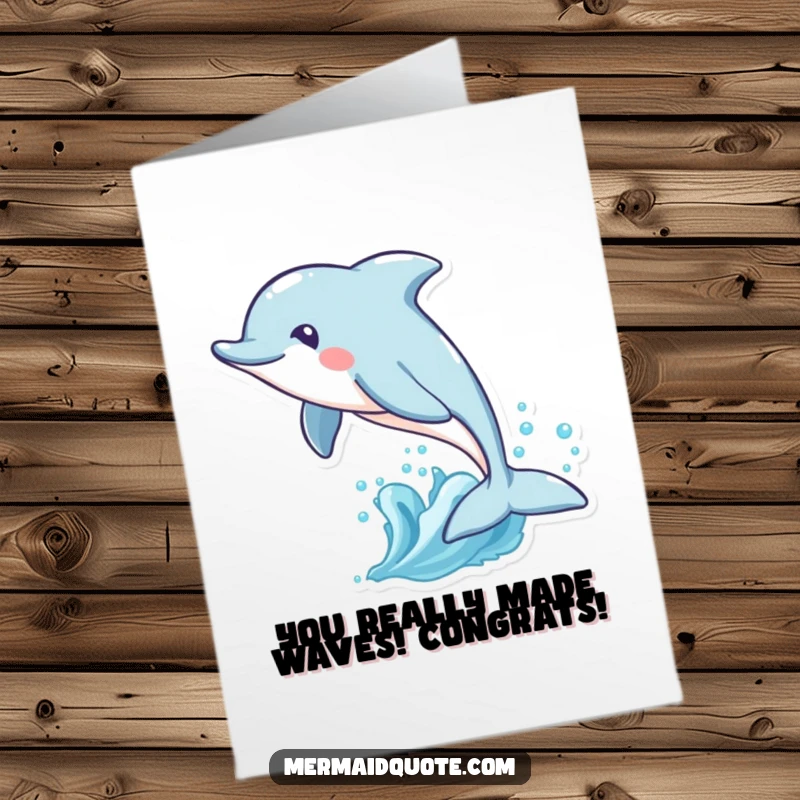 Funny Free Printable Congratulations Card: A playful dolphin with a unique tail fin leaps high over waves.