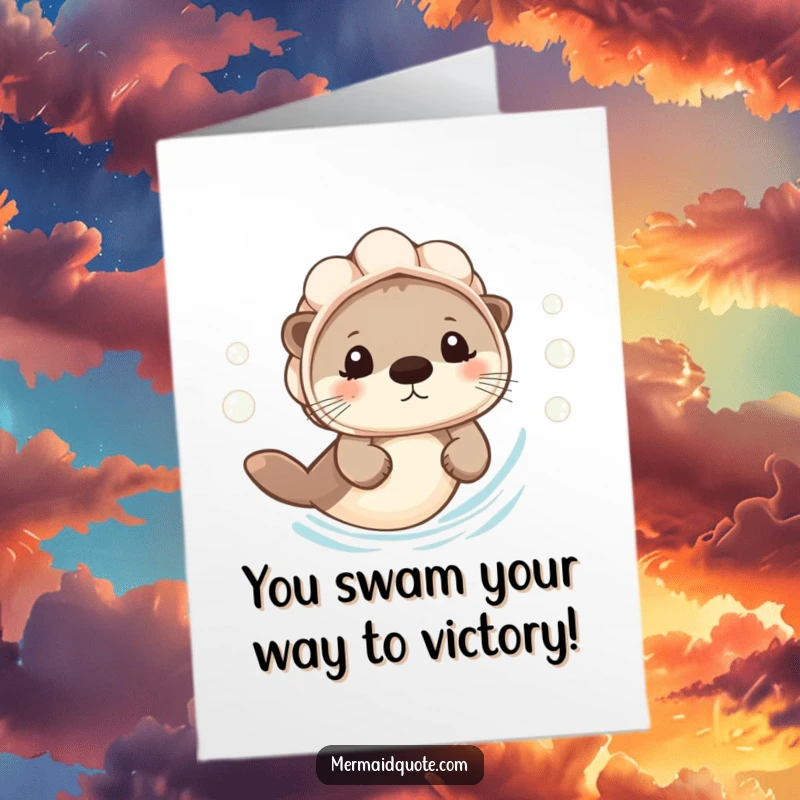 Funny Free Printable Congratulations Card with a tiny otter in a seashell helmet swimming happily, blowing bubbles.