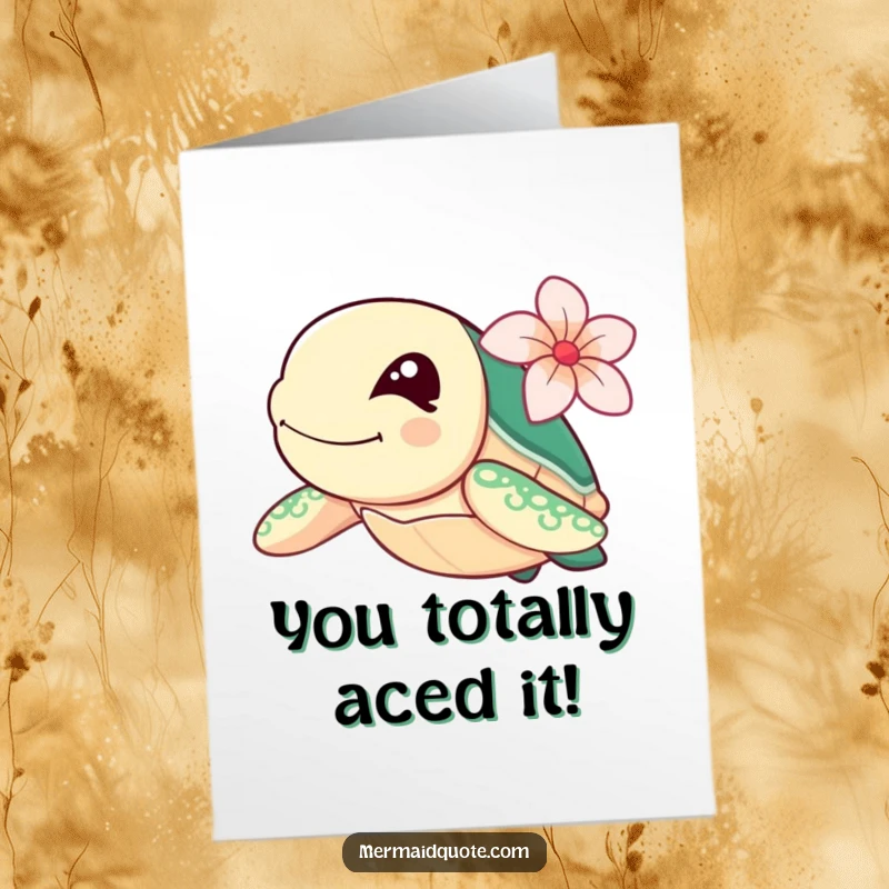 Funny Free Printable Congratulations Card: Adorable winking sea turtle with flower, swimming with speed and style.