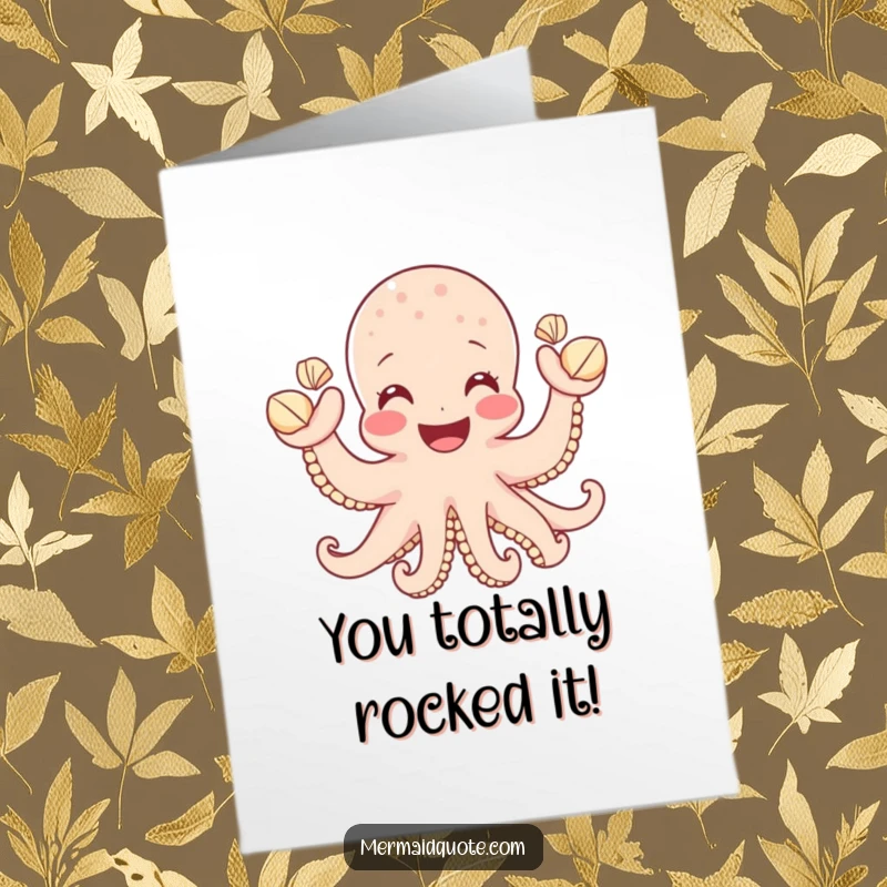Funny Free Printable Congratulations Card: An overjoyed octopus proudly displays several tiny seashells, celebrating a fantastic accomplishment.