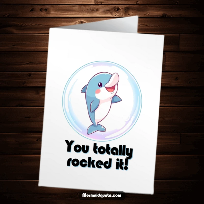Free Printable Congratulations Card: A playful dolphin mid-air, comically leaping through a giant, shimmering bubble.