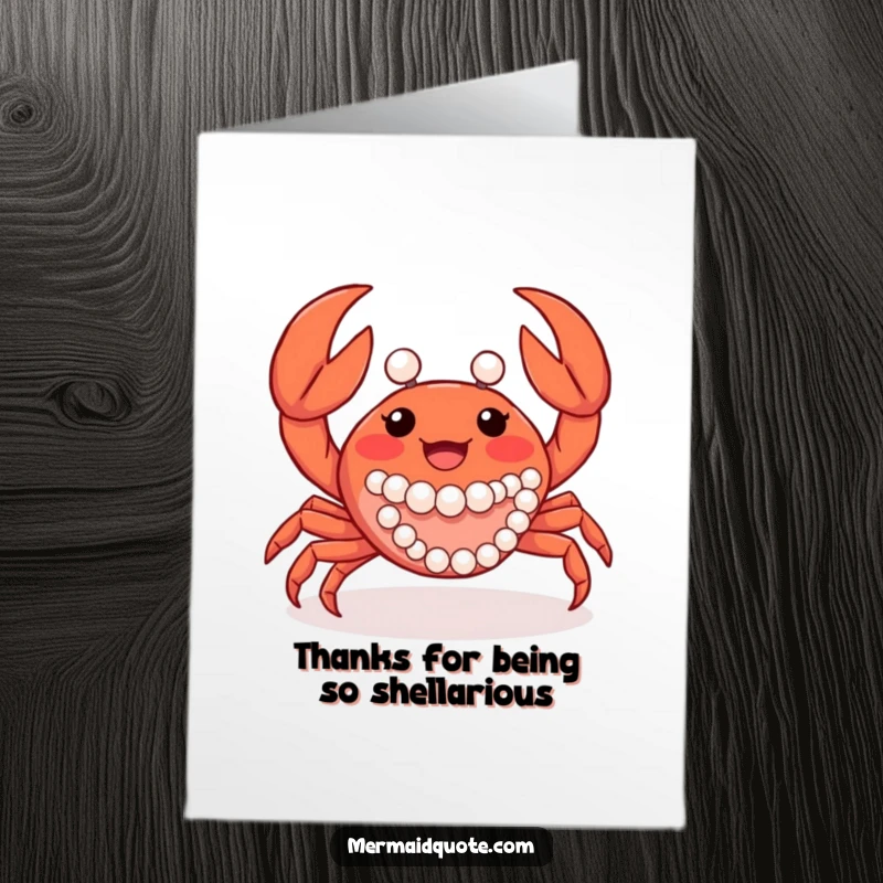 Funny Free Printable Thank You Card: A joyful crab adorned with pearls waves its claws thankfully.