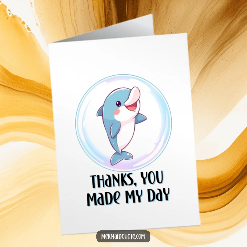 Funny Free Printable Thank You Card: A cheerful dolphin comically leaping through a giant, iridescent bubble.